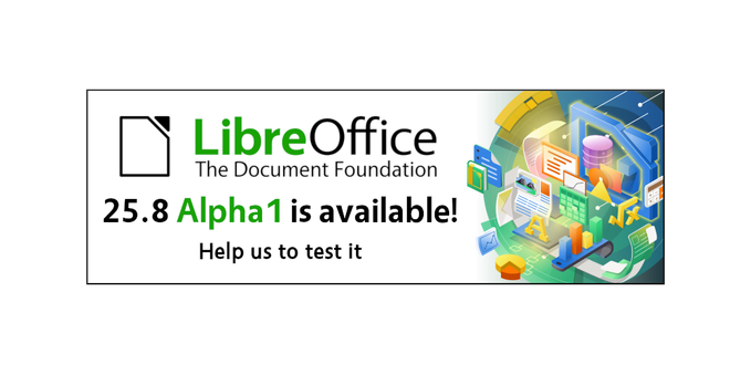 LibreOffice 25.8 banner, with "Help us to test Alpha 1"