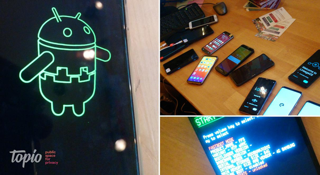 Auf einem Tisch liegen Smartphones, eines zeigt einen Screen des recovery Systems.