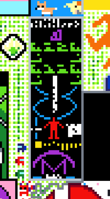 The Arecibo Message as seen on Canvas 2024

This follows the common representation with different segments highlighted in color for distinction, as seen on i.e. Wikipedia. See https://en.wikipedia.org/wiki/Arecibo_message for a more detailed description of the message itself