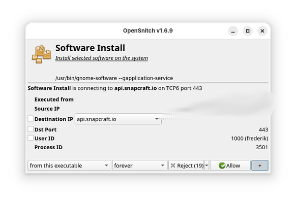 Screenshot of Opensnitch showing gnome-software tries to connect to api.snapcraft.io.