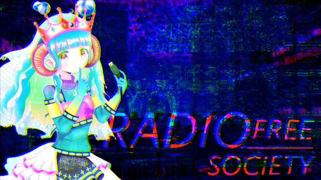A vibrant, stylized character with blue hair and a crown, holding a USB drive, is set against a glitchy, colorful background. The text "RADIO FREE SOCIETY" is prominently displayed.