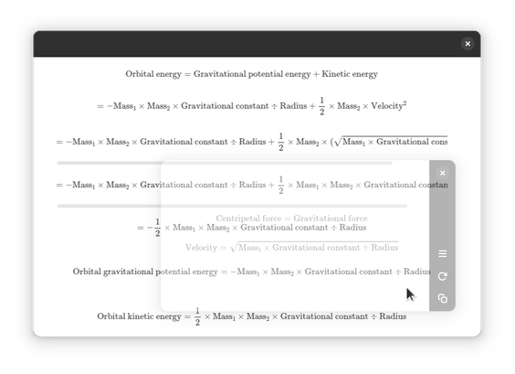 A screenshot of Kasasa, showing 2 screenshotted equations. The app is overlaid on some working that applies these equations. The cursor is over the app, which has caused it to go transparent, revealing more of the working beneath