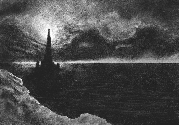 A black and white digital drawing depicting a landscape with a surreal tower similar to a lighthouse in the middle of the sea