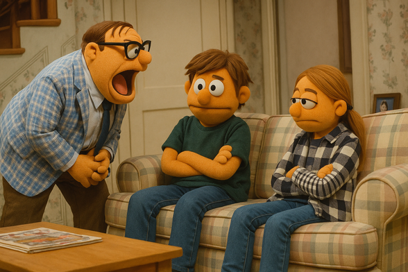 A living room scene shows three Muppet-style characters reenacting the classic Saturday Night Live skit featuring Chris Farley as Matt Foley, the over-the-top motivational speaker. On the left, a portly puppet with a plaid jacket, glasses, and a wide open mouth leans forward, clearly yelling or delivering an impassioned speech. His exaggerated posture and intense expression mirror Farley’s iconic performance.

Seated on the plaid sofa are two unimpressed puppet teens. The boy in a green shirt looks mildly annoyed with his arms crossed, while the girl in a checkered flannel has the same crossed arms and a deadpan stare — both exuding peak teenage apathy.

The wallpaper and furniture style reinforce the 90s suburban home vibe, making the Muppet parody of the skit feel instantly recognizable. The image is an AI-generated tribute to the memorable “living in a van down by the river” moment, replacing live actors with expressive felt characters while maintaining all the dramatic energy and comedic tension.