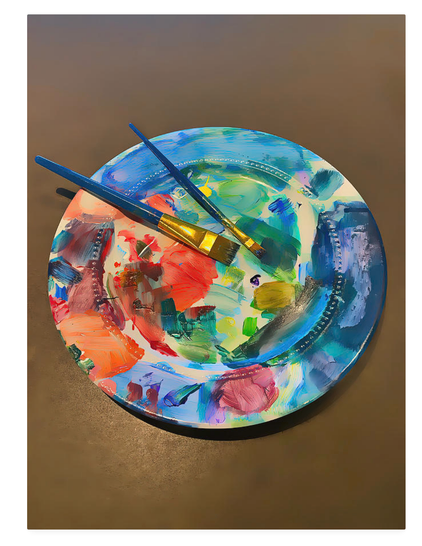 After the day's work is done, what remains is often as beautiful as what was painted onto the canvas. An art palette can be anything smooth that allows for the thinning and blending of colors. In this case, a dinner plate with beaded detail that allows for easy mixing and wiping of excess paint from the brush serves as a palette.  

This artistic image, featuring rich blue, red, green, yellow, and pink hues, captures the essence of creative expression.