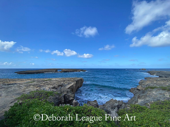 Laie Point on Oahu’s North Shore, featuring a striking natural sea arch with a hole worn into the islet. This iconic coastal landmark offers dramatic ocean views, rugged cliffs, and crystal-blue Pacific waters beneath a bright Hawaiian sky. A must-visit destination for nature lovers, photographers, and travelers seeking Hawaii’s most scenic viewpoints.

Located at the end of the Laniloa Peninsula, Laie Point is famous for its islet with a hole (puka) in the center. The entire natural arch was created by a tsunami in 1946.

Clear blue skies stretch over a vast ocean, with rugged cliffs framing the scene and waves gently crashing against the rocks. Verdant green plants cover the foreground, contrasting with the deep blues of the sea and sky.