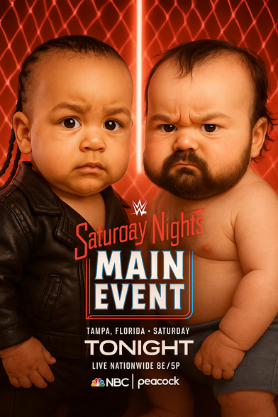 Two fierce-looking babies stand side by side in front of a glowing red cage backdrop, styled like an intense wrestling promo. The baby on the left has braided hair and a leather jacket, sporting a stoic expression that resembles Damian Priest. The baby on the right has a thick beard, wild hair, and an angry scowl, unmistakably channeling Drew McIntyre’s signature intensity. Both are posed as if moments away from a showdown.

The dramatic lighting, red steel cage background, and bold text that reads “Saturday Night’s Main Event” set the stage for a high-stakes matchup. Below the title, event details announce Tampa, Florida · Saturday · TONIGHT, airing Live Nationwide 8E/5P on NBC and Peacock.

This AI-generated parody captures the energy of an epic wrestling cage match — reimagining Priest and McIntyre as grumpy-faced babies, perfectly matching the hype of their real-life main event with a hilarious and absurd visual twist.