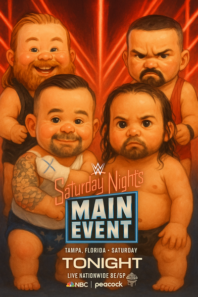 Four chubby-faced babies pose in front of a glowing red cage backdrop, styled like an epic wrestling showdown. Each one has exaggerated toddler proportions but distinct features that match real WWE superstars.

On the left, a baby with a big red beard and long hair grins excitedly, resembling Sami Zayn. Beside him, a baby with slicked-back hair, a goatee, and visible tattoos proudly flexes his tiny biceps — clearly representing CM Punk.

Facing them are two scowling babies. One has jet-black hair pulled back and a fiery expression, mimicking Seth Rollins’ intense persona. The other, bulkier baby with a fierce stare and short dark hair, channels Bron Breakker’s powerhouse vibe.

Below them, the classic graphic reads Saturday Night’s Main Event, followed by the location Tampa, Florida · Saturday and the word TONIGHT, airing Live Nationwide 8E/5P on NBC and Peacock.

This AI-generated image transforms a heated tag team rivalry into an adorably intense standoff — reimagining Zayn, Punk, Rollins, and Breakker as babyfaced brawlers in a hilarious miniature main event.
