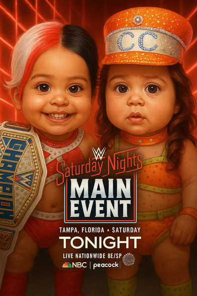 Two babies are dressed up in vibrant wrestling gear, styled as fierce yet adorable competitors in a championship match. The baby on the left sports a red-and-black split hairstyle and a bright smile, wearing a championship title belt slung over her shoulder — a clear nod to Zelina Vega. The baby on the right wears a glittery orange outfit and a sparkly matching cap labeled “CC,” referencing Chelsea Green’s signature look and persona.

Both babies stand confidently in front of a red-lit cage backdrop, reminiscent of classic WWE promo imagery. Bold text below them reads “Saturday Night’s Main Event”, with the event details announcing Tampa, Florida • Saturday • TONIGHT, airing Live Nationwide 8E/5P on NBC and Peacock.

This AI-generated image transforms Zelina Vega and Chelsea Green into wide-eyed baby versions of themselves, capturing the glitz, rivalry, and high-stakes drama of a WWE matchup — all wrapped in the hilarious contrast of toddler-sized intensity.