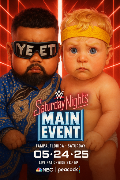 Two babies stand side by side against a glowing red cage backdrop, styled like a high-stakes wrestling promo. The baby on the left sports dark sunglasses that boldly say “YEET”, along with a full beard and intricately embroidered blue-and-gold ring gear — clearly evoking the persona of Jey Uso. He stares ahead with a serious, focused expression.

Next to him, the baby on the right has bright blond hair and intense blue eyes, wearing a yellow headband and no shirt — channeling the unmistakable look of Logan Paul. His face is scrunched into a determined glare, fists clenched and ready for action.

Text beneath them reads “Saturday Night’s Main Event”, with the date 05·24·25 and location Tampa, Florida – Saturday, airing Live Nationwide 8E/5P on NBC and Peacock.

This AI-generated image delivers a hilarious parody of a WWE main event showdown, turning the Jey Uso vs. Logan Paul rivalry into an adorable yet intense babyface-off that’s packed with energy, attitude, and tiny fists of fury.