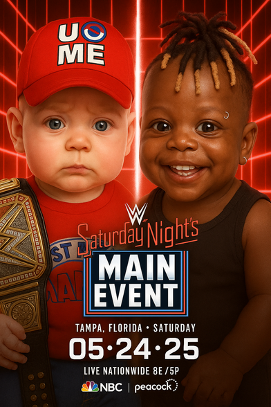 Two adorable but intense-looking babies stand shoulder to shoulder in front of a glowing red cage backdrop, ready for battle on WWE’s Saturday Night’s Main Event.

On the left, a baby in a red “Never Give Up” cap and matching shirt holds a championship title over his shoulder, channeling the iconic look of John Cena. His face is serious, lips pursed in full focus mode.

On the right, a smiling baby with a small nose ring and short dreadlocks captures the energetic, fun-loving personality of R-Truth. His confident grin contrasts perfectly with the sternness of his opponent, adding personality and charm to the face-off.

Bold text at the center reads Saturday Night’s Main Event, with the date 05·24·25 and the location Tampa, Florida – Saturday, airing Live Nationwide 8E/5P on NBC and Peacock.

This AI-generated parody transforms the John Cena vs. R-Truth matchup into a hilarious and heart-melting baby brawl, where big personalities come in tiny packages, and the stakes are as high as the cuteness level.