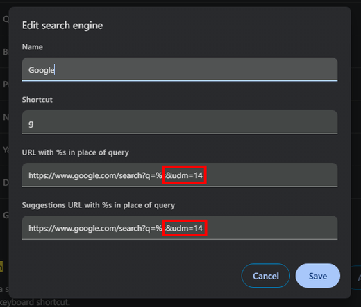 An instruction how to add udm=14 to your Google search engine settings