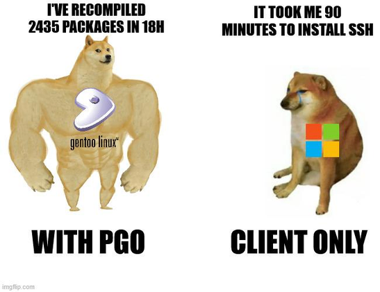 A buff doge vs cheems meme. Buff doge has a "Gentoo Linux" logo on his chest and says "I've recompiled 2435 packages in 18h" and adds "With PGO". Cheems has a Windows logo over him and replies "It took me 90 minutes to install SSH" and adds "Client only"