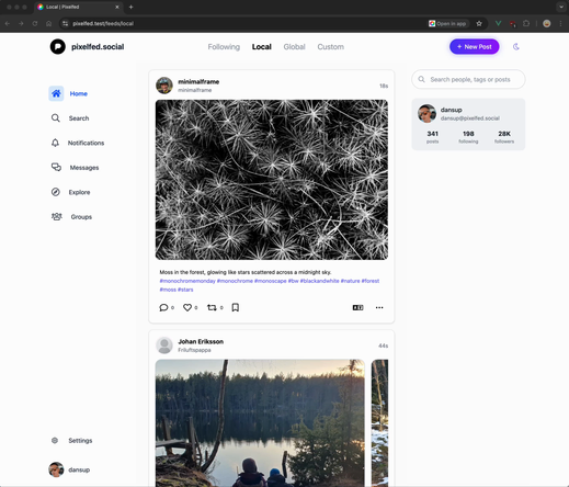 New pixelfed webUI demo showing the new notifications and search features