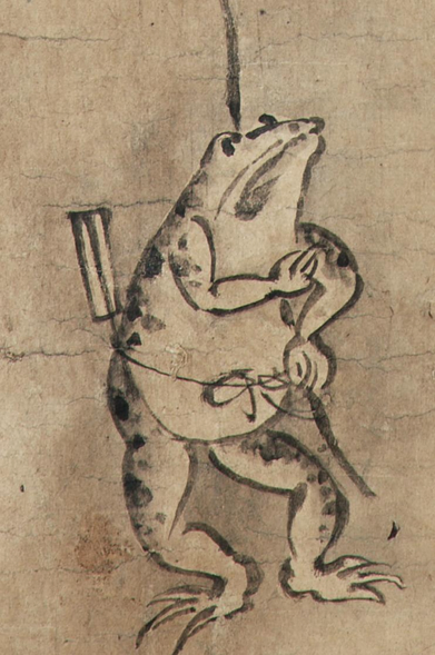 A frog standing upright, a branch over his shoulder, a fan in his girdle (detail). Muromachi period, 1392-1568, #Japan. Ink on paper.