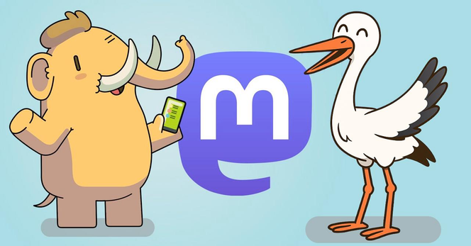 Der Mastodon-Elefant und ein Storch begrüßen sich freundlich vor dem Icon von Mastodon.