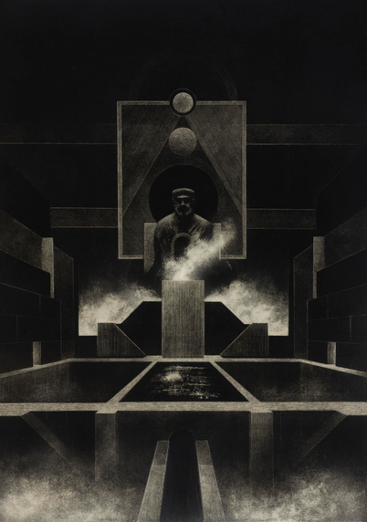 A scratchboard drawing depicting the inside of a ancient temple with a huge statue in the center