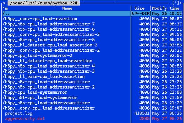 Screen shot of a directory listing in the Midnight Commander file manager, with white text over a blue background.

The image shows directories that correspond to fusil hits, that is, Python modules for which fusil found a crash. Directories are named after the module where the crash happened, secondary issues (like CPU load) present, and the kind of crash.

For example, the first entry is named "h5py__conv-cpu_load-assertion". There are 18 directories showing, with columns for Size and Modify Time for each entry.