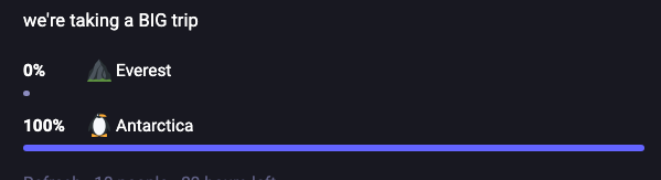 Screenshot of a Mastodon poll with the question "We're taking a BIG trip" with results reading zero percent Everest, 100 percent Antarctica