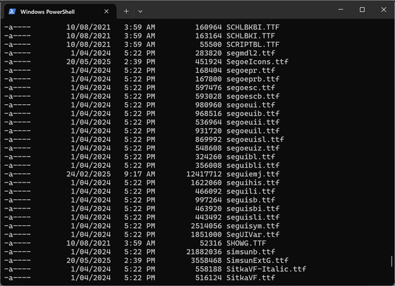 A listing of font files in C:\Windows\Fonts in a PowerShell terminal. Of the 30-odd pictured almost all have cryptic 8 character names followed by a .ttf extension. Some are in uppercase too.
