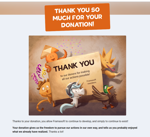 A thank you note for donating to Framasoft Peertube. Message: Thank you so much for your donation!