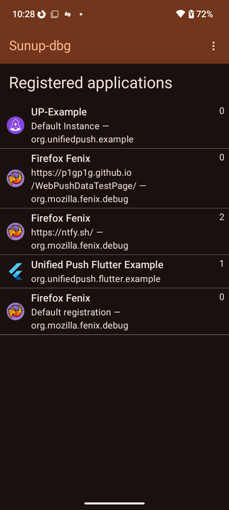 Screenshot of Sunup, in the list of the registered applications, we can read "Firefox Fenix" with a subtitle "https://ntfy.sh/"