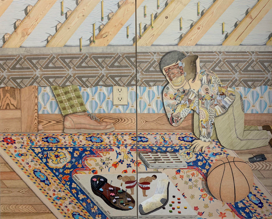 Drawing in a detailed, complex style, showing a kneeling figure under a large bed, playing on a patterned rug with a basketball, toy car, and board game. A man's foot is seen just outside the bed. The kneeling figure is opening up their face to reveal a brick room holding a glass of water.