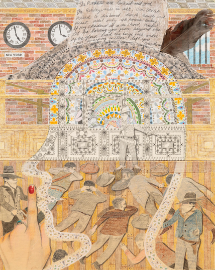 Drawing in a sepia palette in a detailed, complex style, showing a large outline of a head in profile holding a finger with a painted red nail up to their lips to "shush". Behind that is a group of men on the floor being held up in a heist by men with pistols and cowboy hats. The wall shows patterns and a brick facade, as well as clocks and a barred window.