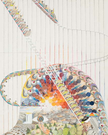 Drawing in a detailed, complex style, showing a large head in the lower half filled with colorful patterns and a tree-filled landscape. A white track moves up and around the head, holding several figures sitting in small seats like a rollercoaster. The background is made up of vertical dotted lines against a white field.