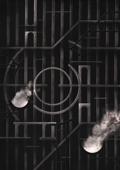 A black and white scratchboard drawing depicting a surreal architecture made of steel and stairs. 