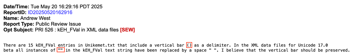 Example of vertical bar | character getting stripped out from a PRI 526 report