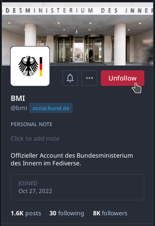 Offizieller Account des Bundesministerium des innern im Fediverse  - Unfollow