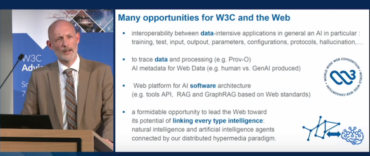 Sanpshot of the video recording of Fabien Gandon presenting the slide 'Many opportunities for W3C and the Web'