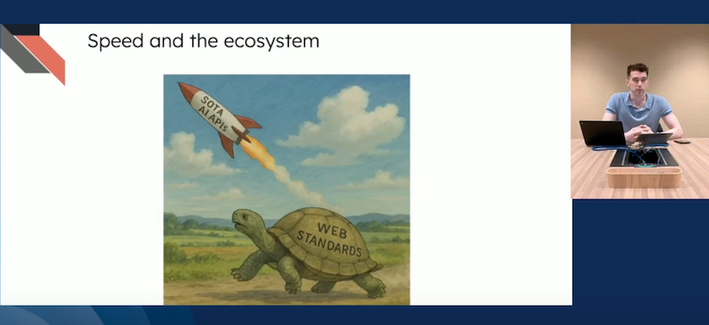 A snapshot from Domenic's talk shows a slide titled "Speed and the ecosystem," featuring a turtle labeled "Web Standards" and a rocket above it labeled "SOTA AI APIs."