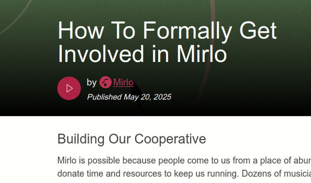 A screenshot about how to formally get involved in Mirlo, with a play button underneath the title. The image accompanies a post about playlists and curation.