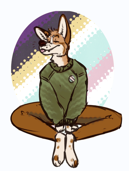 an anthro coyote character is sitting with his tongue out. he is wearing a green sweater with a trans pride pin and brown pants. the background is a combination of the nonbinary and trans flags