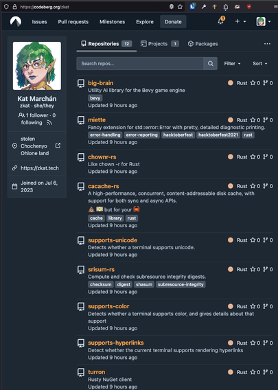 screenshot of zkat's profile page on codeberg.org showing a number of Rust projects, including miette.