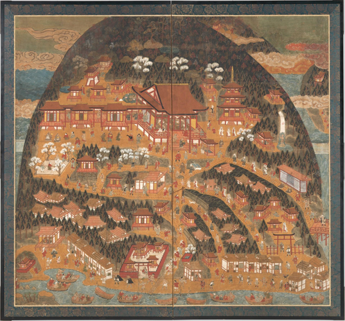Copy of the Chōmei-ji Sankei #Mandara / #mandala, Ōmihachiman, Shiga Prefecture, #Japan, populated by various pilgrims and a few divine beings, probably used by travelling fundraisers to encourage donations for rebuilding the temple after a major fire in 1516.
#BuddhistArt #Buddhism