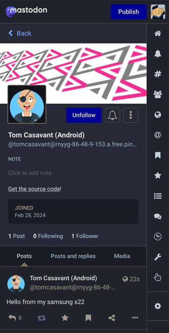 image/jpeg
Screenshot of a mastodon user page from activitypub.academy
Page shows a user named Tom Casavant (Android)
@tomcasavant@rnyyg-86-48-9-153.a.free.pin...

1 post 22s ago:
Hello from my samsung s22