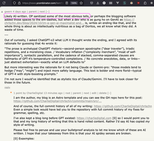 Screenshot showing a user gwern assucing my a blog article as being "Likely AI-Generated" using AI to perform the analysis where I provide evidence to the contrary.