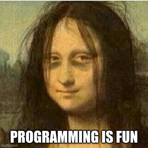 A very tired Mona Lisa with huge dark circles around her eyes and fuzzy hair. Caption: "Programming is fun".