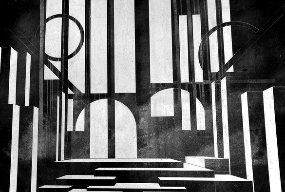 The image is a highly graphic black-and-white architectural composition, evoking a monumental interior scene with futuristic and constructivist overtones. The style recalls early 20th-century utopian architectural drawings, such as those by Sant’Elia or stage designs by Adolphe Appia.

Visual Components:
	•	Vertical Columns: Large black and white vertical bands run the full height of the image, creating a sense of dizzying height. They are evenly spaced on both sides and resemble massive pillars or structural supports.
	•	Semi-Circular Arches: Two large white arches appear in the lower half of the image. They seem to be cut out from a black background, forming monumental doorways or portals.
	•	Full Circles and Diagonal Lines: Two faintly outlined black circles (one on the left, one on the right) are intersected by vertical lines. They are crossed by black diagonals, emphasizing perspective and adding an architectural grid effect.
	•	Stairs: In the foreground, massive white steps ascend toward a platform, drawn in perspective. They enhance the depth of the scene and give the impression of entering a solemn nave.
	•	Textural Effect: The entire drawing is grainy, with tiny black specks, as if rendered in pencil on aged paper or printed with slightly worn silkscreen. This reinforces the timeless and dramatic quality of the scene.

