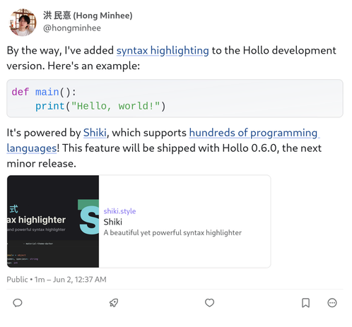 The screenshot of the above post in Phanpy. The code block is syntax-highlighted.