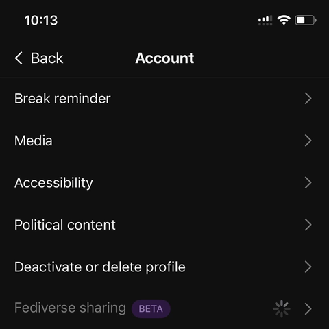 Screenshot of account settings in Threads that suggests Fediverse sharing (beta) is being added to my European Region-based account.