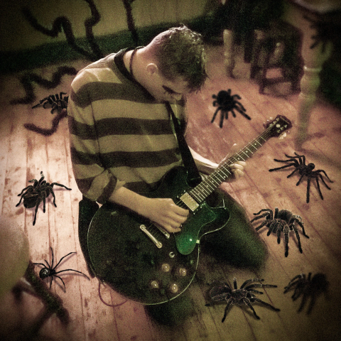 Man in stripped jumper holding a guitar kneels on a wooden floor, looking downwards. Large (edited in) spiders crawl around him on the floor.