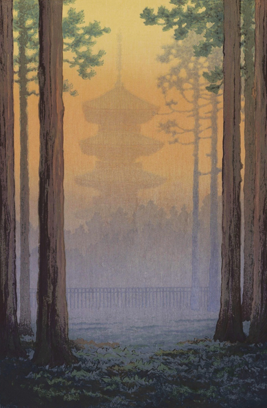 A view looking through a break in tall cryptomeria trees, over the line of a low fence, toward the five-story pagoda at Nikko's Toshogu shrine. Details of the pagoda and the trees crowding around its base are obscured by a heavy orange-tinted haze.