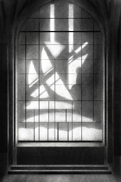 A black and white image shows a bold, abstract architectural structure. Sharp vertical columns descend from above, intersecting with curved, sail-like forms. Arched and segmented shapes at the base resemble stylized windows or vaulted supports. The overall composition is geometric, symmetrical, and dramatic in contrast.