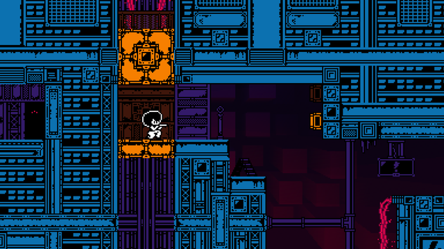 Screenshot from the first level; character is crouching in an elevator, aiming at the button on the wall