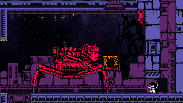 Screenshot of the second level; character is crouching inside the bizarre ruined structure, observing a huge biomechanical being