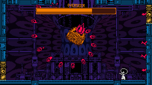 Screenshot of the first boss fight; boss is rotating like crazy, spewing living bullets everywhere